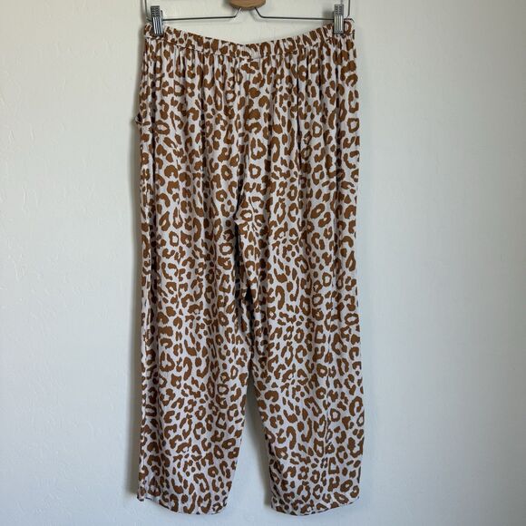 Van Winkle & Co Boho Brown Leopard Satin Wide Leg Pajama Set Large Animal Print - Picture 12 of 12